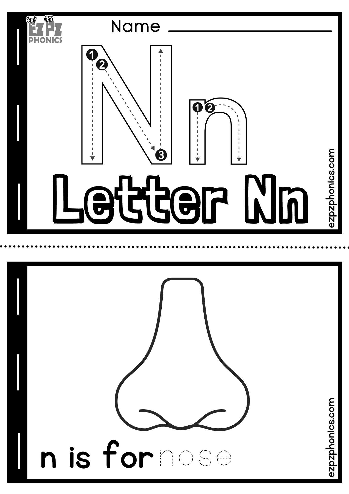 Letter n alphabet coloring book half page free printable pdf